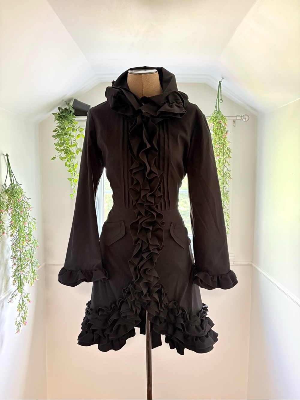 Women's Black Ruffle Trench